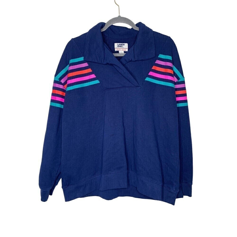 Lands End Serious Sweats Sweatshirt 90's Striped Womens Sz L 14/16 Retro Blue
